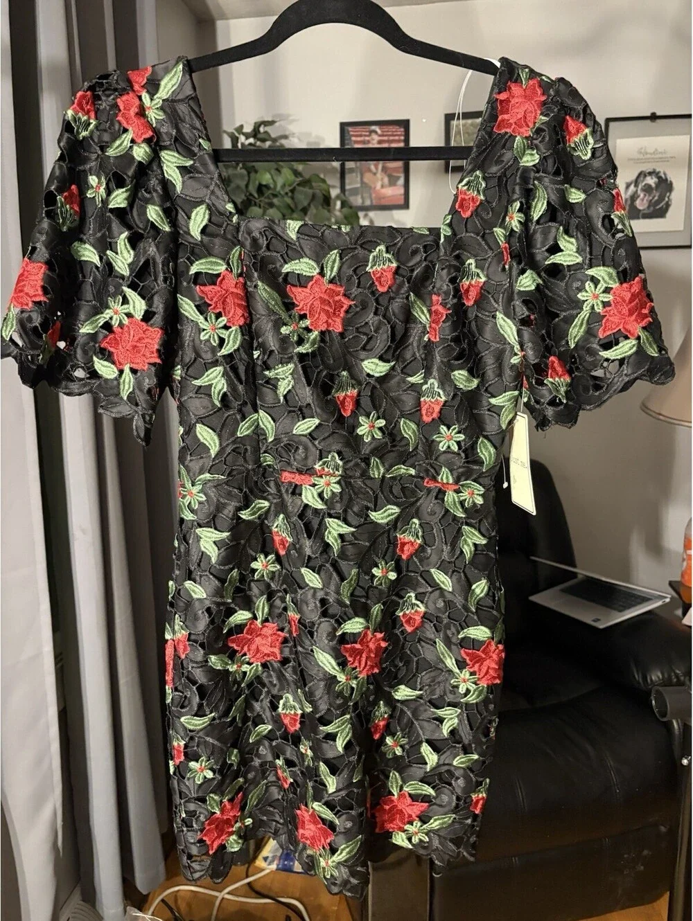 Just me floral embroidered lace square neck flair sleeve scallop Hem Mini Dress